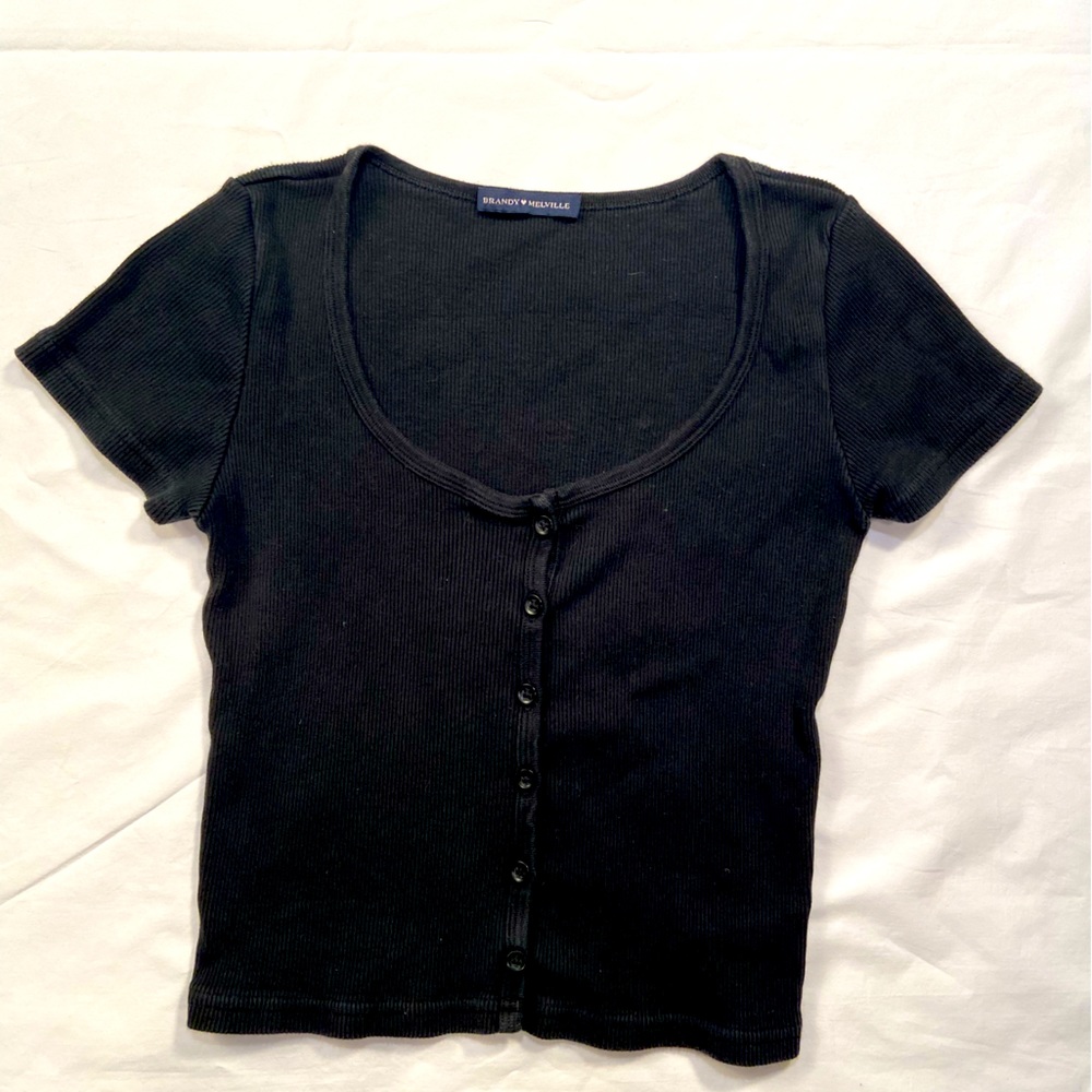 Brandy Melville short Sleeve, Black Ribbed, scoop Neck Tee, one size‎